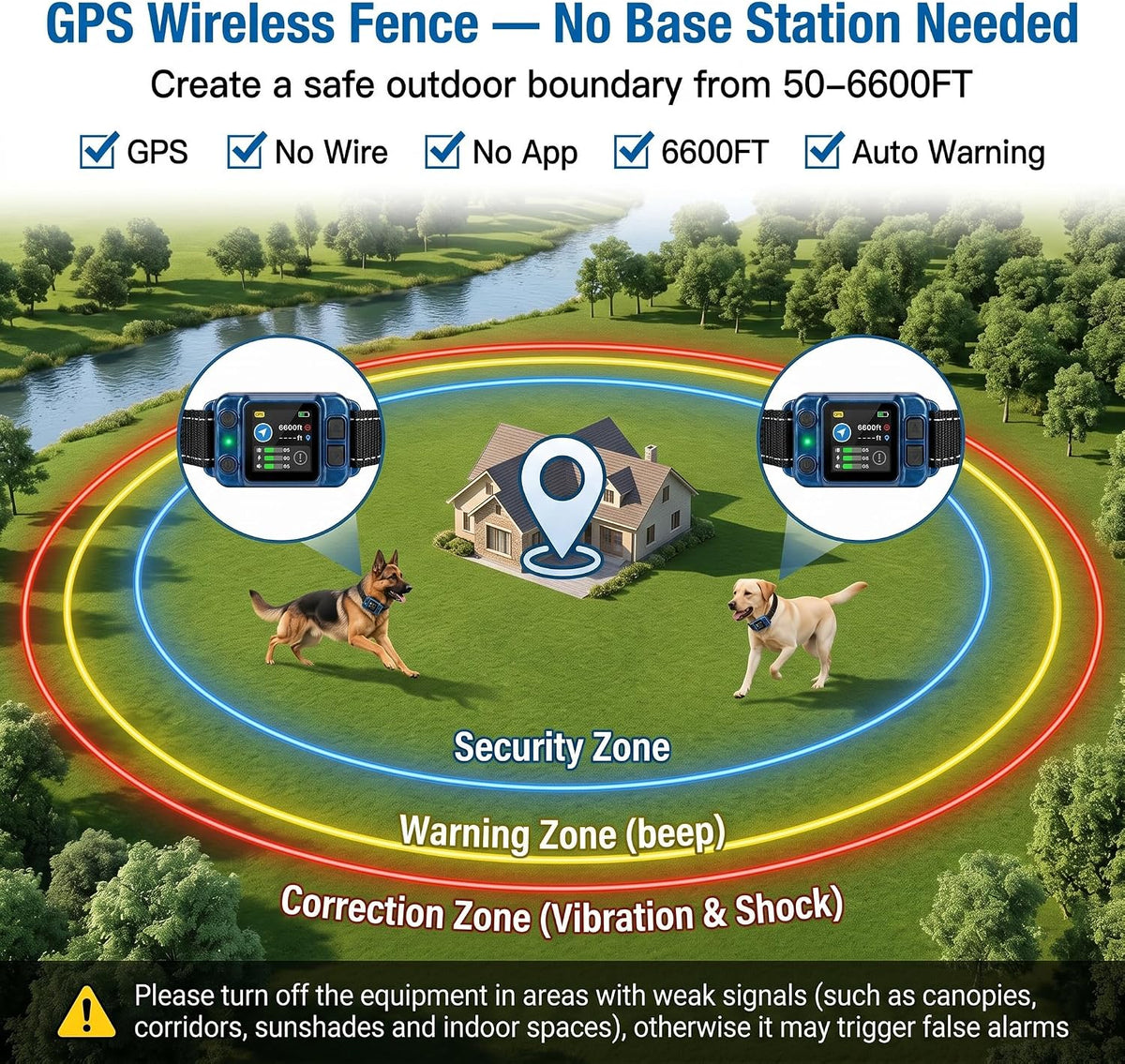 GPS Wireless Dog Fence System, 50-6600FT Invisible Fence for Dogs, No App No Subscription, Electric GPS Dog Fence