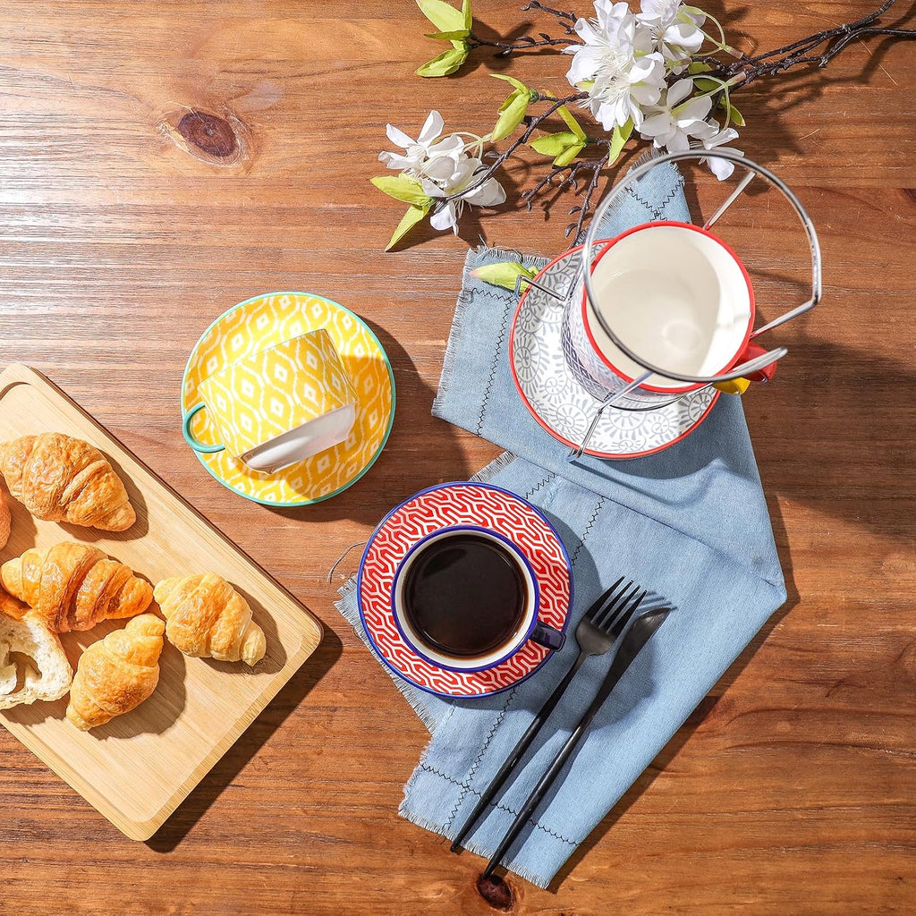 Ceramic Cappuccino Cups with Saucers and Metal Stand, 8 OZ Stackable Espresso Coffee Cups for Coffee, Latte