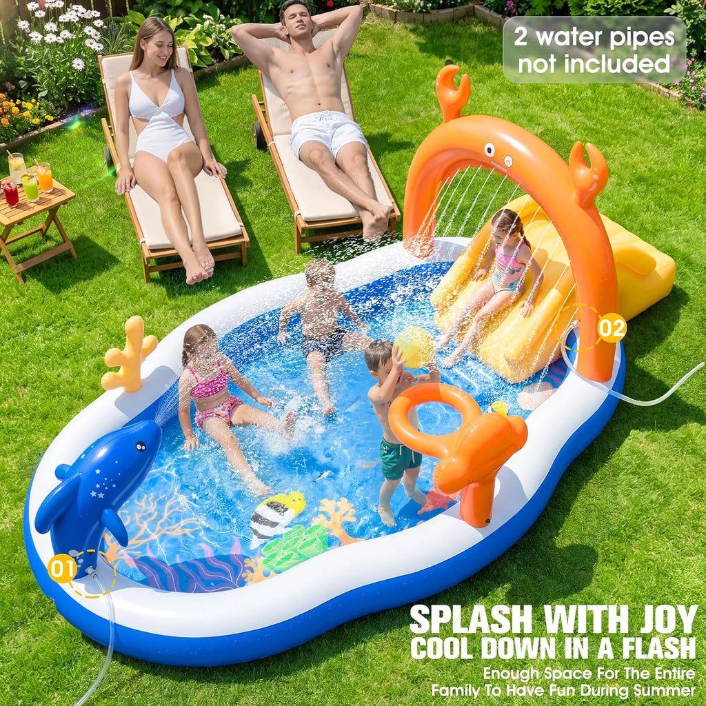 2026 Large Inflatable Play Center,Toddler Pool with Water Slide&Sprinkler,120"x70"x50"Inflatable Kiddie Pool with