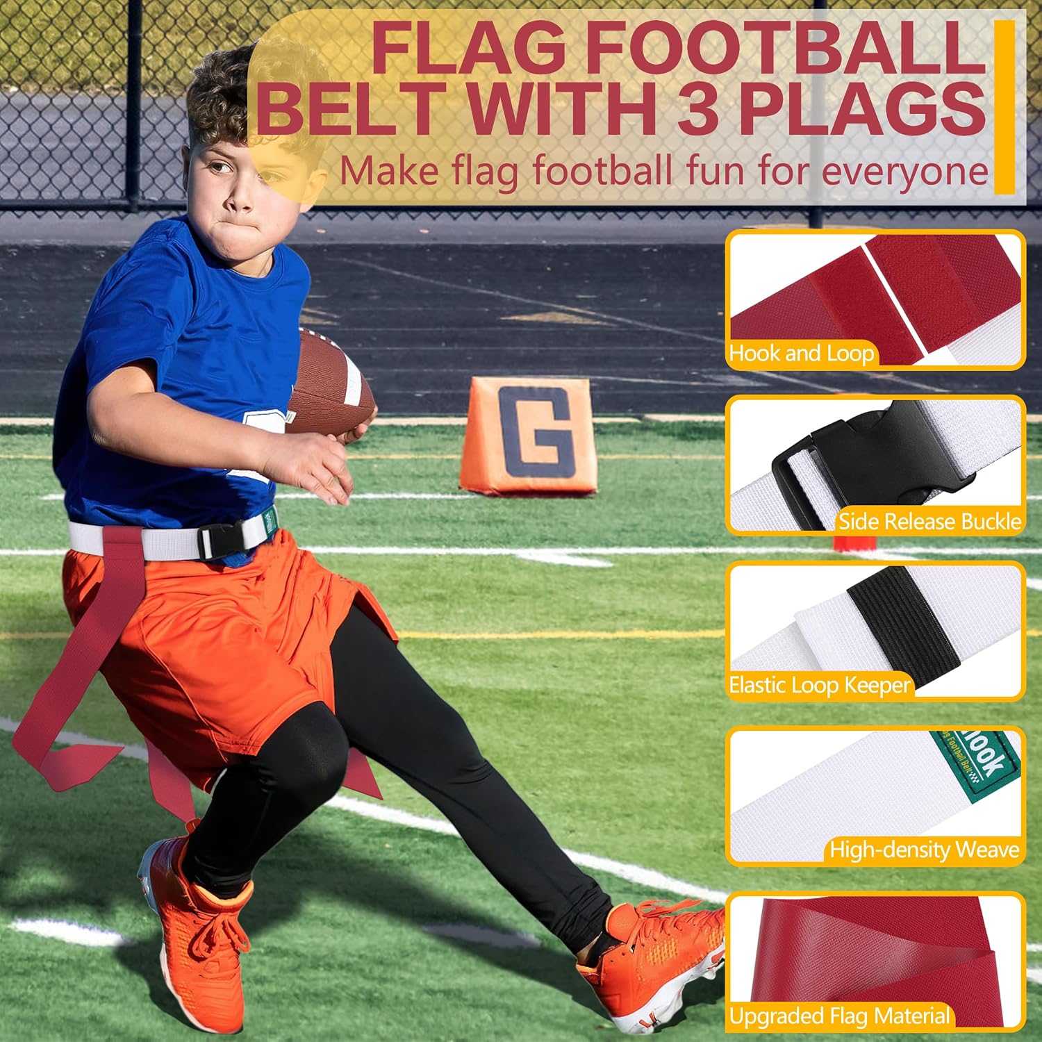 White Flag Football Belts with 42 Flags For Kids, Youth & Adult | One Size Fits All, Quick-Release Buckle, Elastic