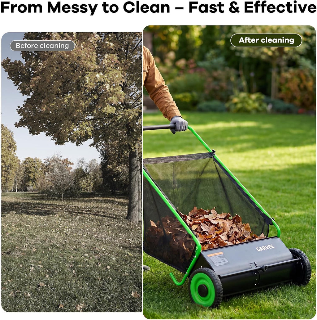 Push Lawn Sweeper, 26 in Leaf & Grass Collector with 7 cu. ft. Hopper Bag, Heavy Duty Yard Sweeper with Clear Dust