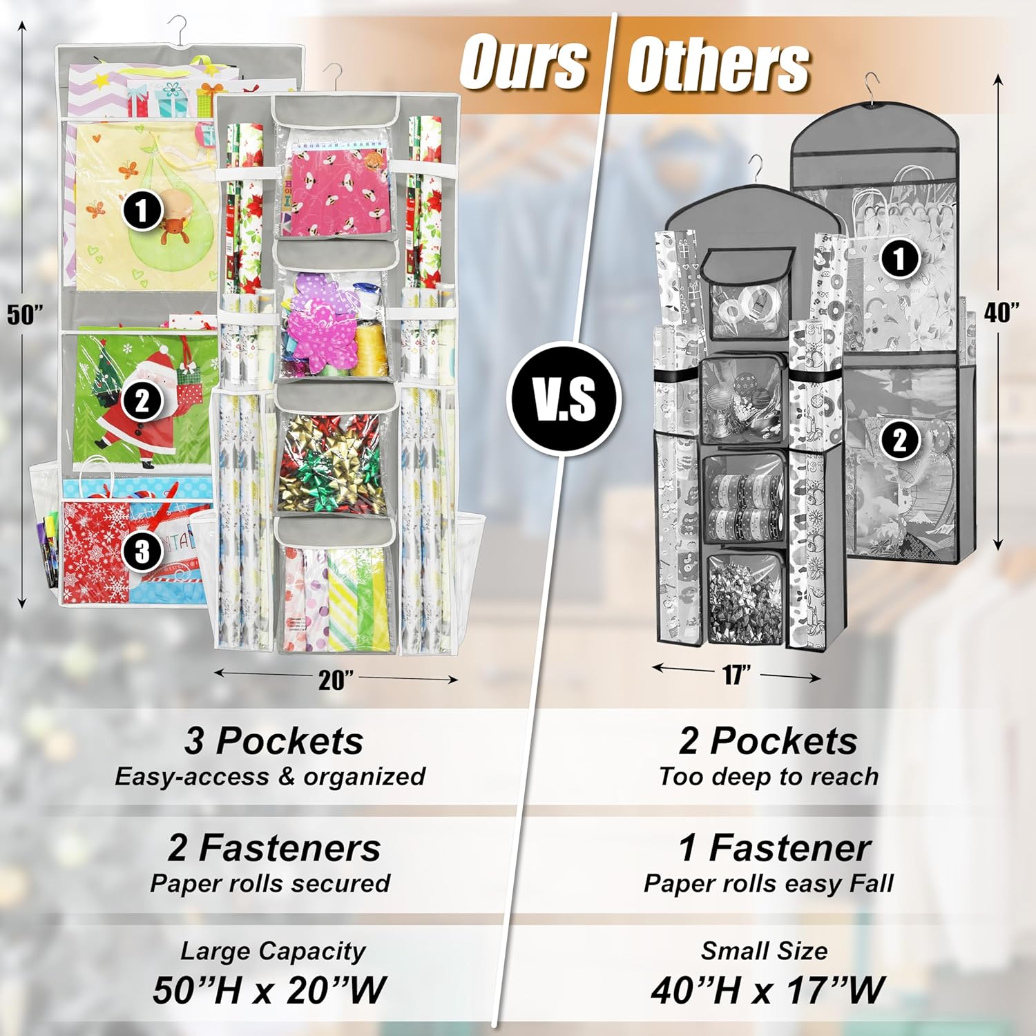 Double-Sided Hanging Gift Wrap Organizer, Gray (Set of 1)