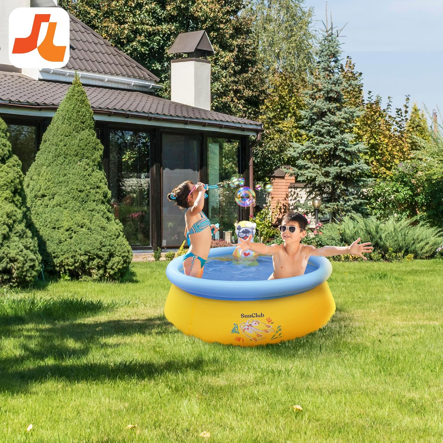 Sun Club 5 Foot 2 Person Outdoor Above Ground Blow Up Inflatable Kiddie Swimming Pool with 3D Sea Otter Spray