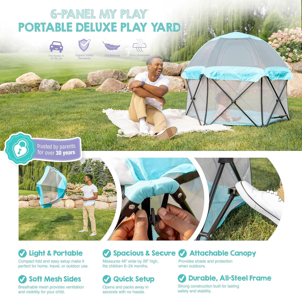 Safety My Play Deluxe Baby Playpen & Portable Play Yard with Canopy, Foldable 6-Panel Indoor Outdoor Playpen for