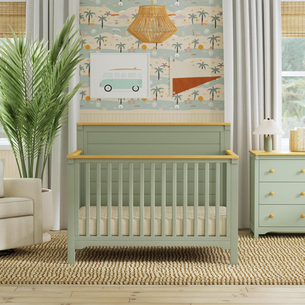 Shea 4-in-1 Convertible Crib in Light Sage and Honey, Greenguard Gold and FSC Certified