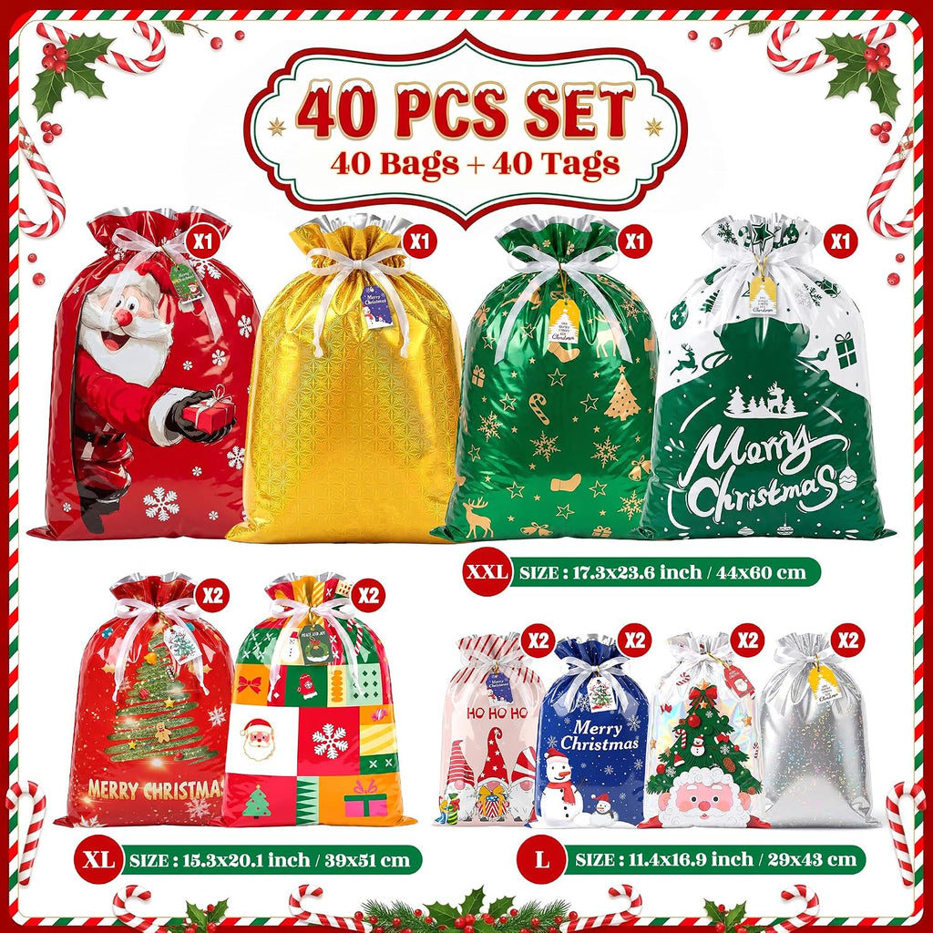 40PCS Christmas Drawstring Gift Bags, 5 Size Large Medium Small