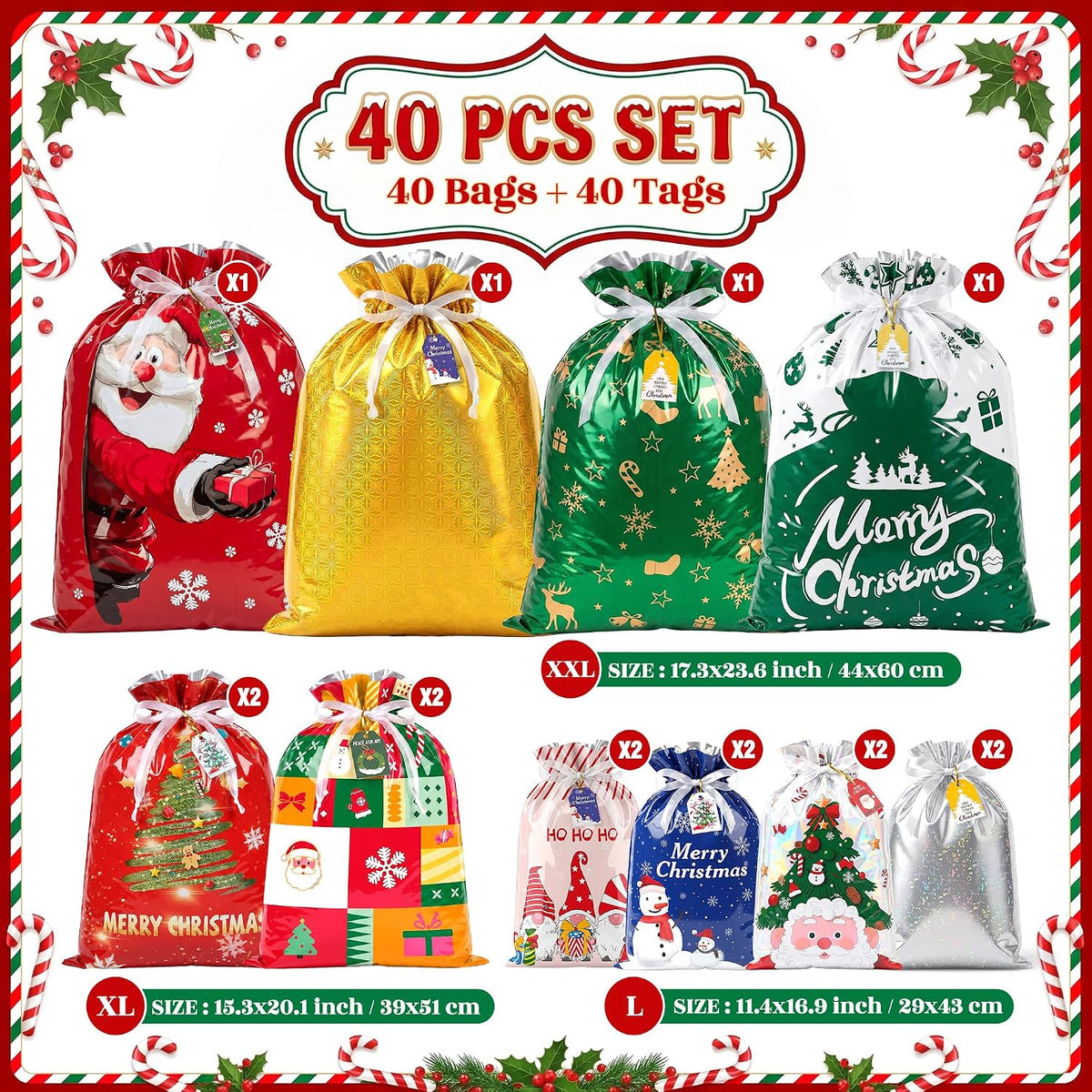 40PCS Christmas Drawstring Gift Bags, 5 Size Large Medium Small