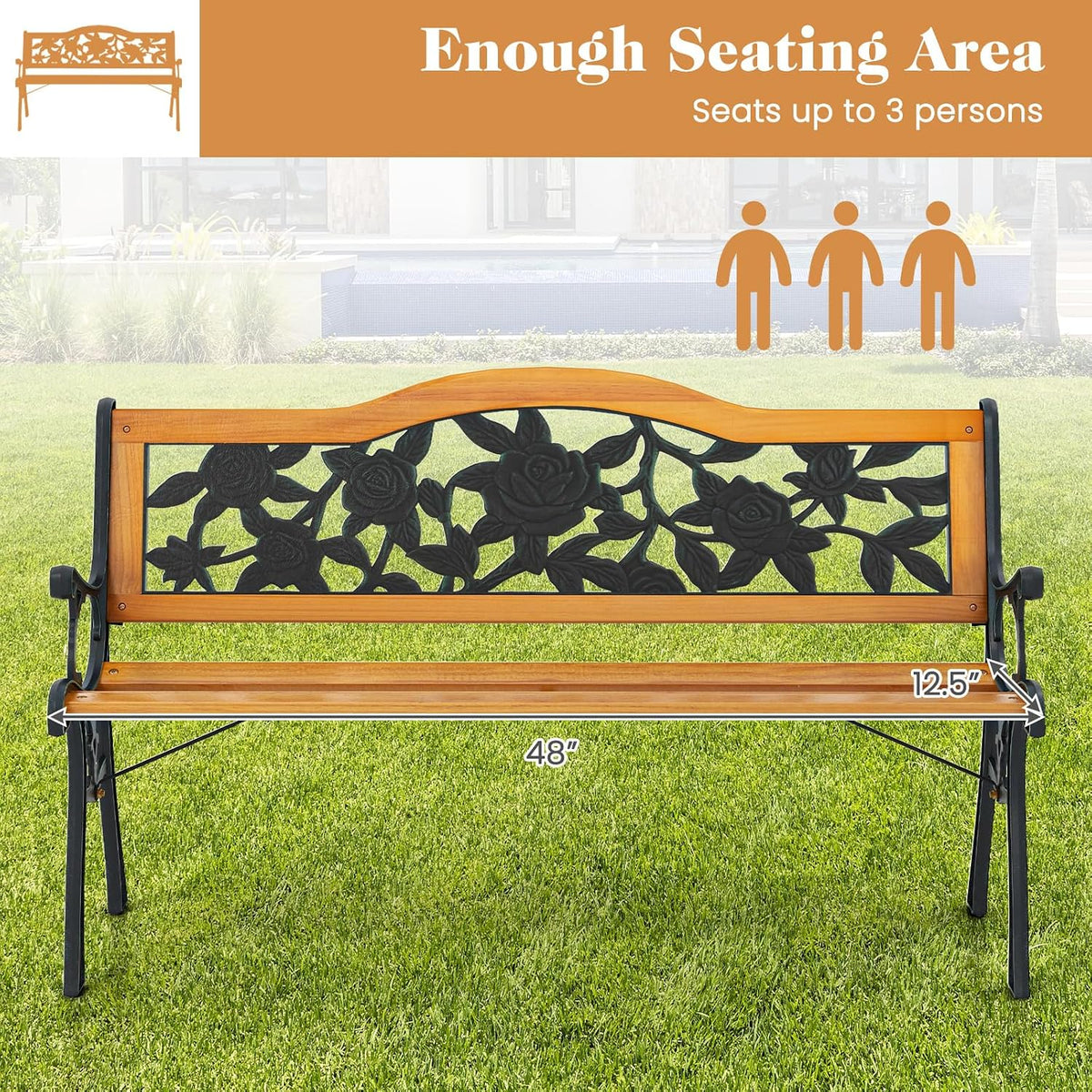 Outdoor Bench with Slatted Seat, Curved Armrests, Flower Pattern Backrest, 470 Lbs Capacity, Cast Iron Metal Patio