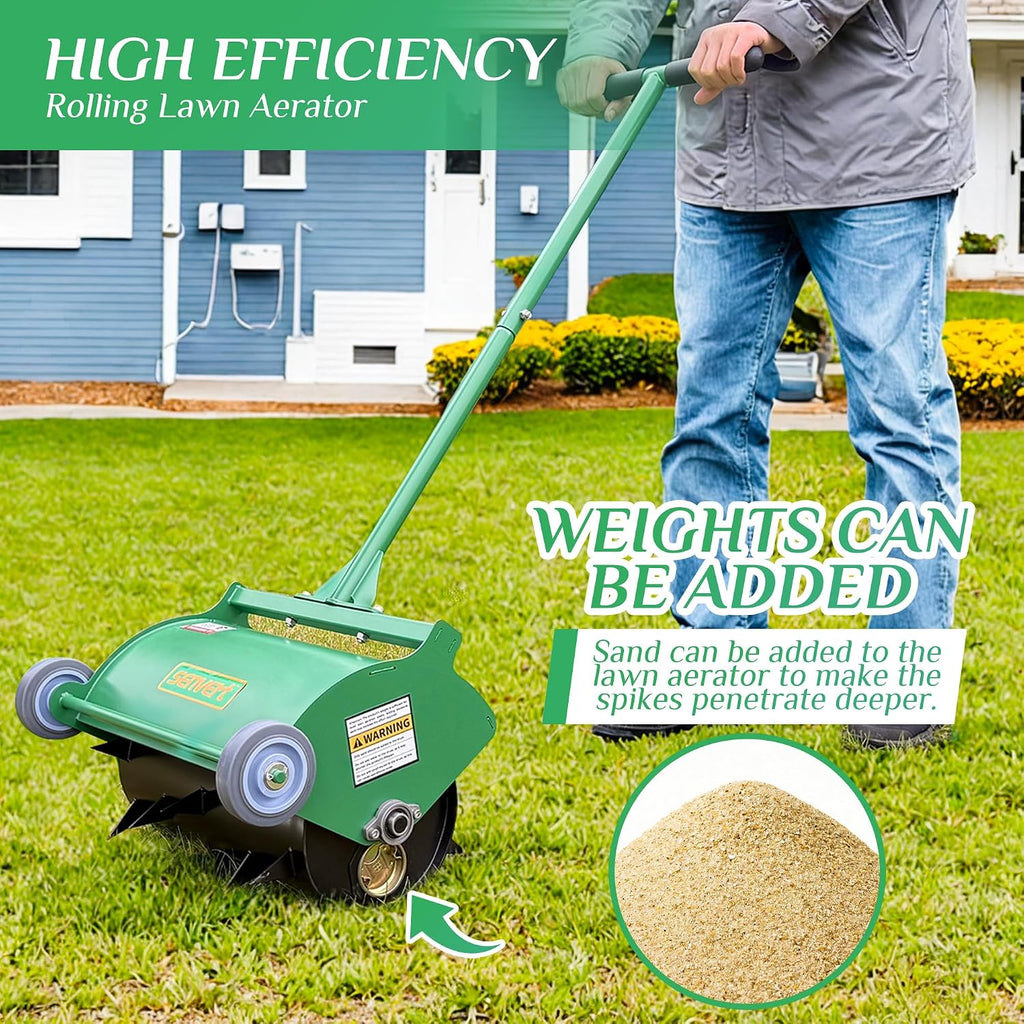 Rolling Lawn Aerator, Heavy Duty Push Spike Aeration Tool Up to 55 lbs, Manual Rotary Grass Aerator for Garden and