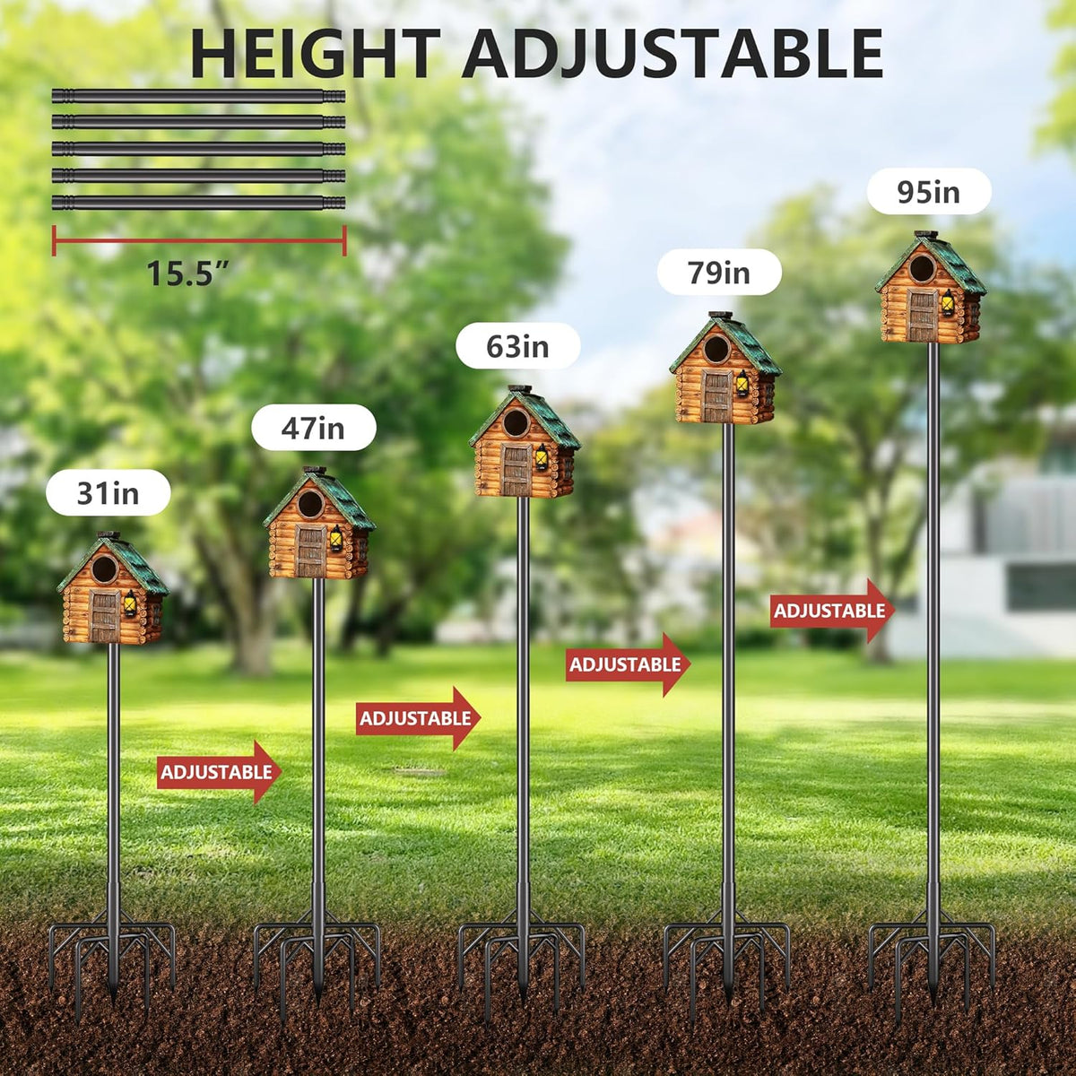 Bird Feeder Pole Stand,95 Inch Bird House Pole for Outdoors Heavy Duty,5 Base Prongs Adjustable Birds Feeder Stand
