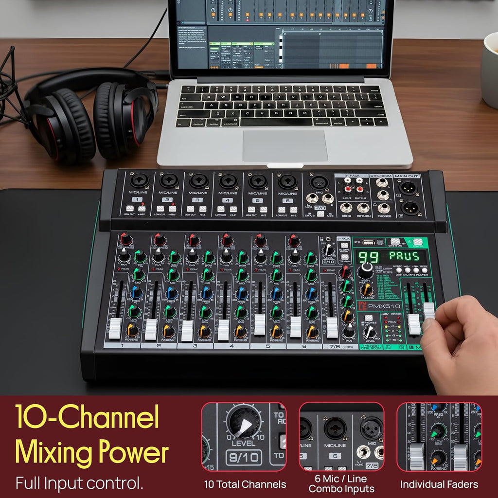 10 Channel Audio Mixer - 6 XLR Combo Mic Inputs, Bluetooth Studio Mixer/DJ Controller with DSP Digital Effects, USB-A