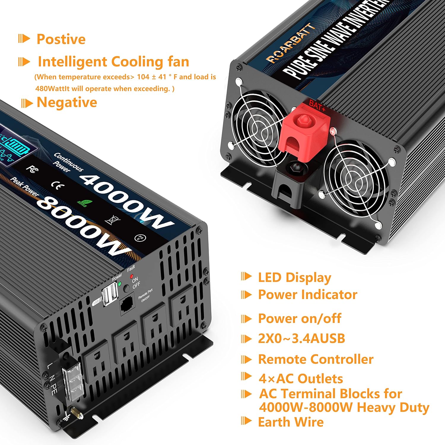 4000W Pure Sine Wave Power Inverter 12V DC to 110V/120V AC, 8000W Peak with Remote Control, 4 AC Outlets, Dual USB