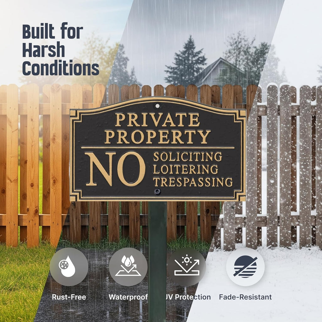 Private Property Sign for Yard, No Soliciting Loitering Trespassing Garden Plaque | 5.75" x 9.5" Aluminum Plaque with