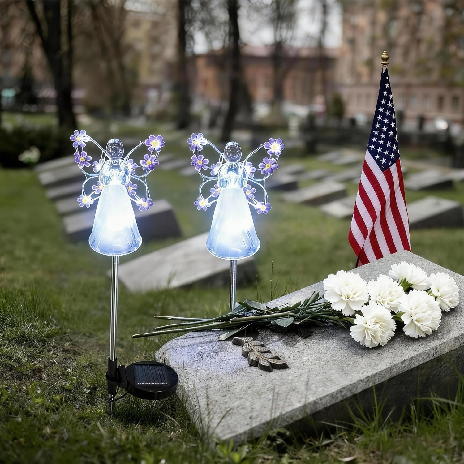 Angel Solar Lights Outdoor, 2 Packs Purple Solar Powered Garden Stake Lights for Cemetery Grave Decoration, Memorial