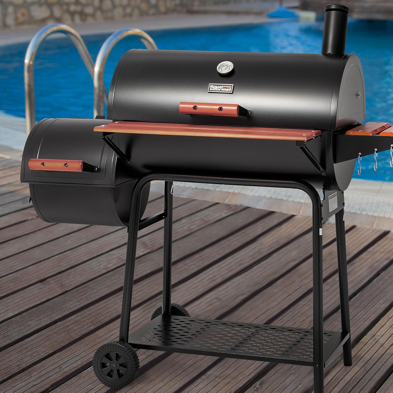 30-Inch Charcoal Grill with Offset Smoker, Wood-Painted Table