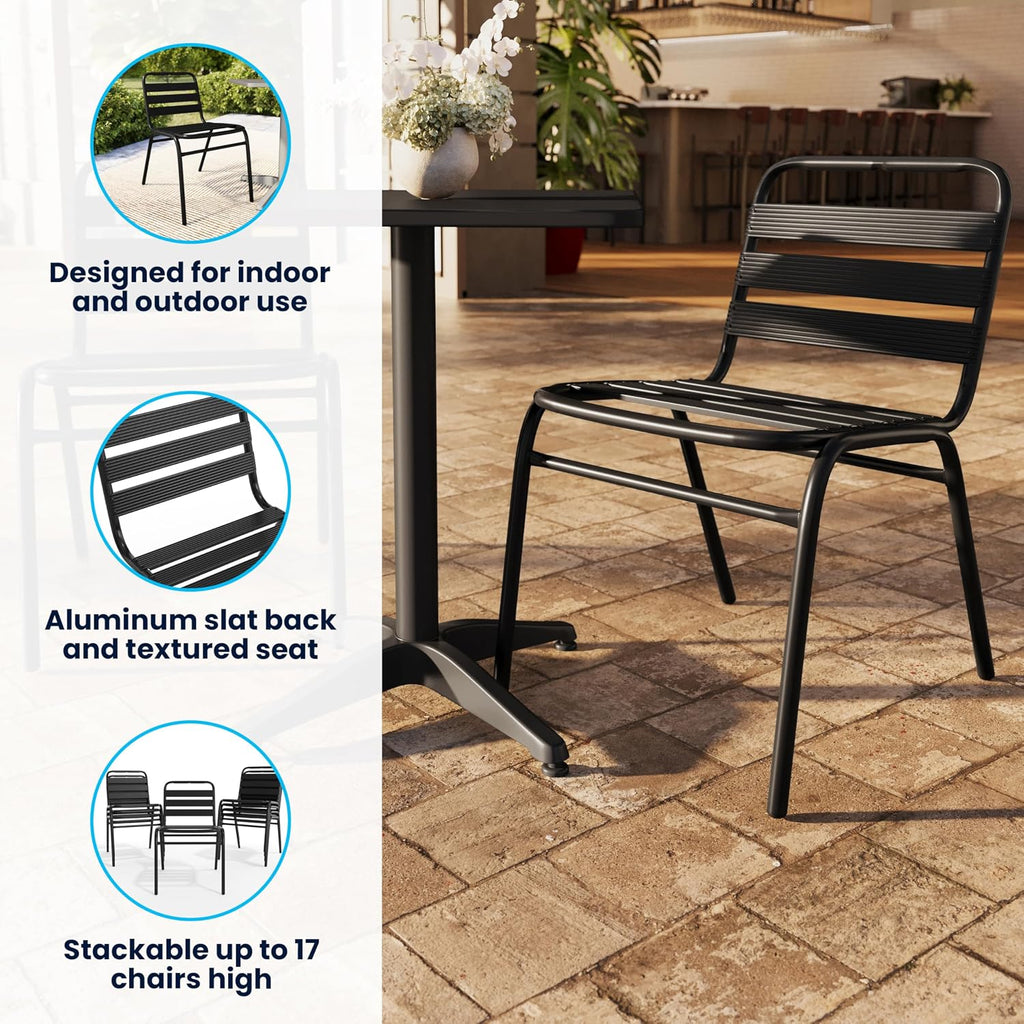 Metal Slat Back Indoor/Outdoor Stack Chair, Black
