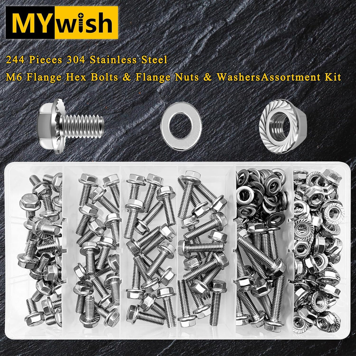 224Pcs M6 Bolt x 12/16/20/25/30mm, M6x1.0 Bolt, Flanged Hex Head Bolts with Flange Nuts Washers, 304 Stainless Steel M6 Screws, Metric Bolt Assortment, DIN 6921 By Mywish