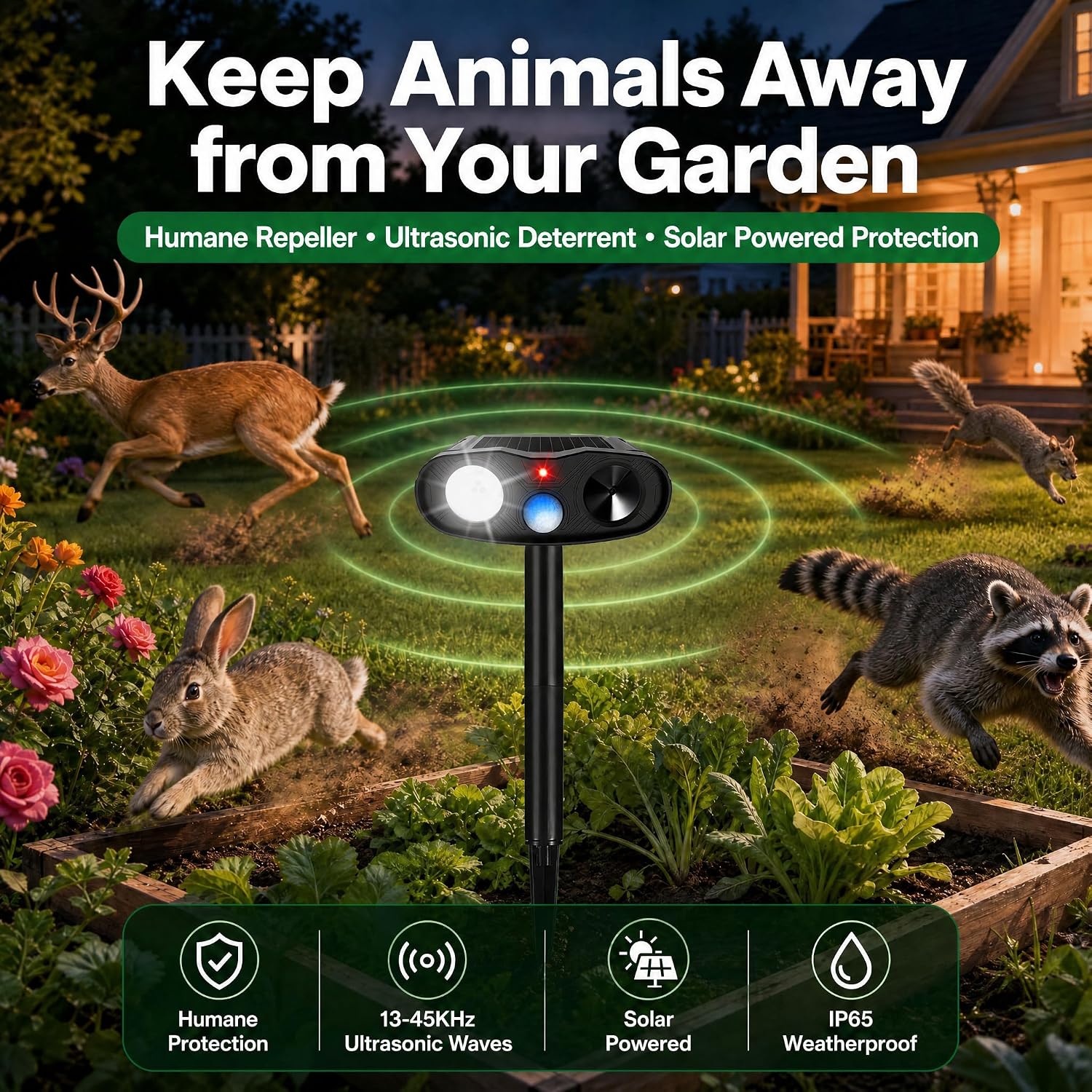 Sonic Fortress Pro Deer Repellent Solar Ultrasonic Animal Repeller 2 Pack | Outdoor Cat Deterrent with Motion Sensor