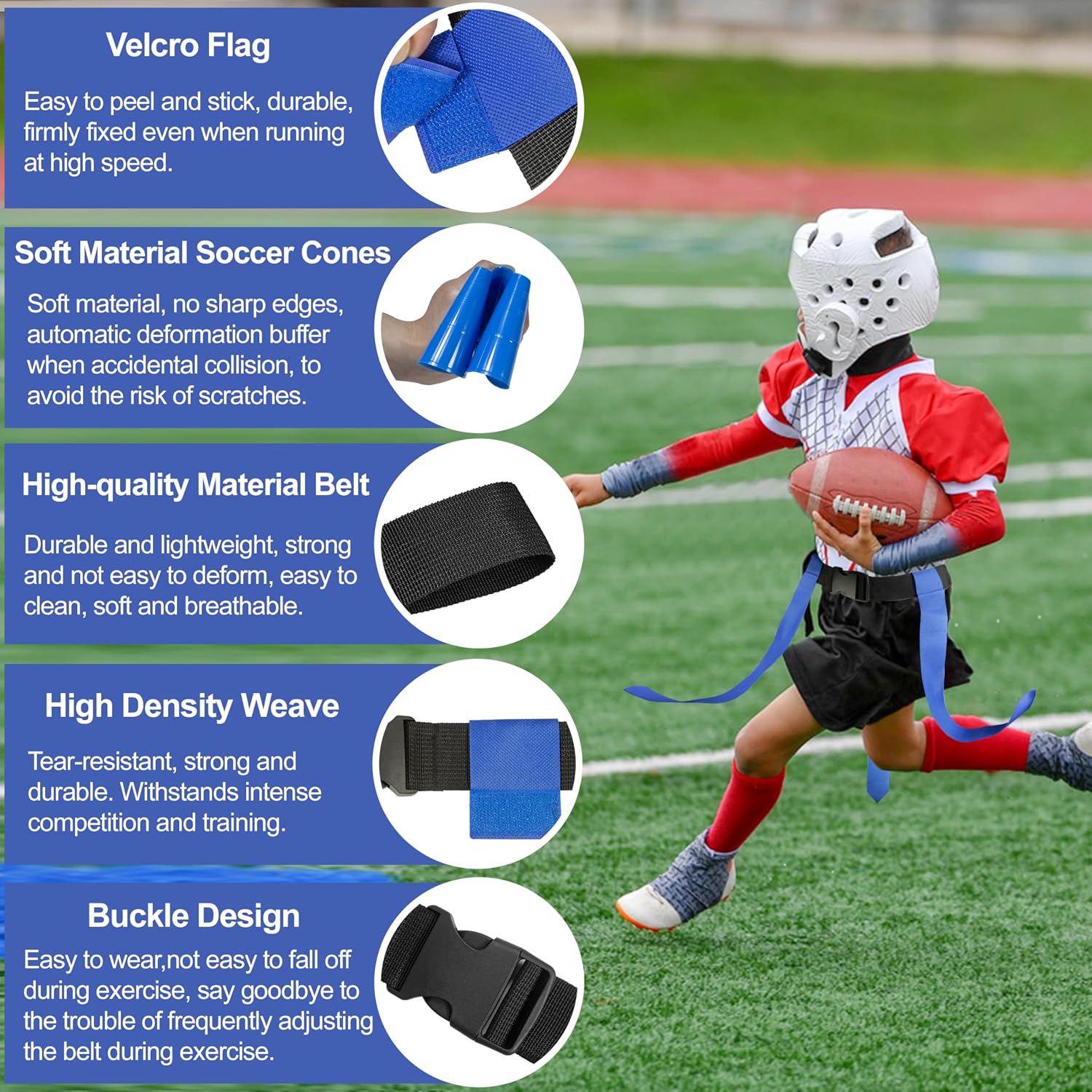 Flag Football Belts, 14 Player Adjustable Flag Football Set with 42 Flags, 8 Practice Cones and Bag