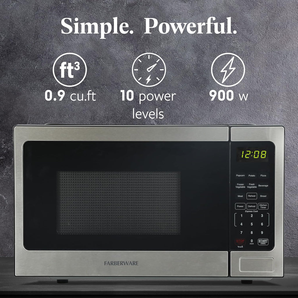 0.9 Cu. Ft. Countertop Microwave Oven – 900 Watts Power, Auto Cook Settings, Defrost, Easy Clean and Child Safety
