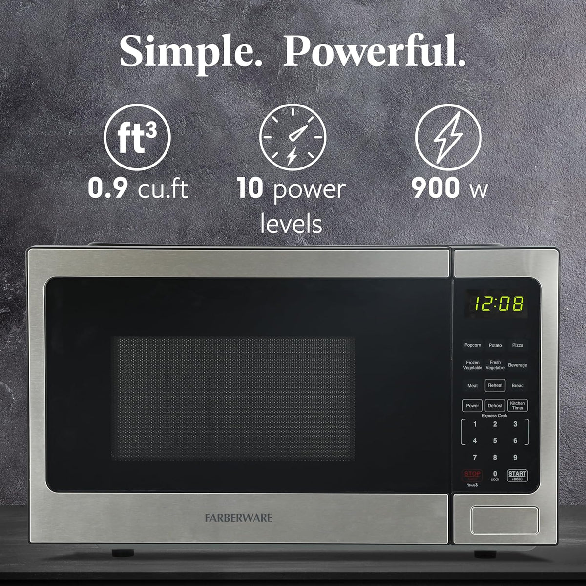 0.9 Cu. Ft. Countertop Microwave Oven – 900 Watts Power, Auto Cook Settings, Defrost, Easy Clean and Child Safety