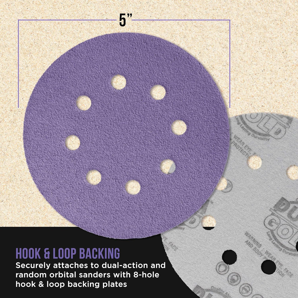 Premium 5" Purple Film Ceramic Sanding Discs, 8-Hole Pattern, 50 Disc Variety Pack, Grits 60, 80, 120, 180, 220, 320