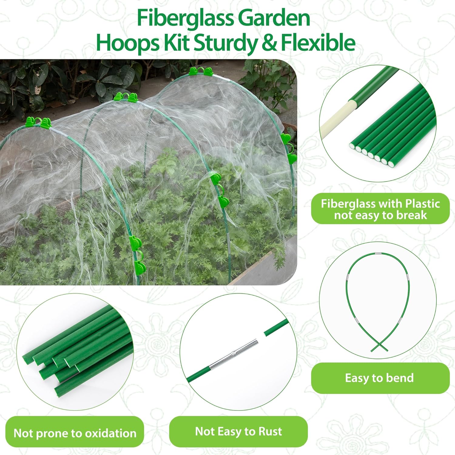36 Pcs Garden Hoops, 6 Set of 8.4 Ft Long Fiberglass Garden Hoops for Raised Beds, Plant Stakes for Grow Tunnel