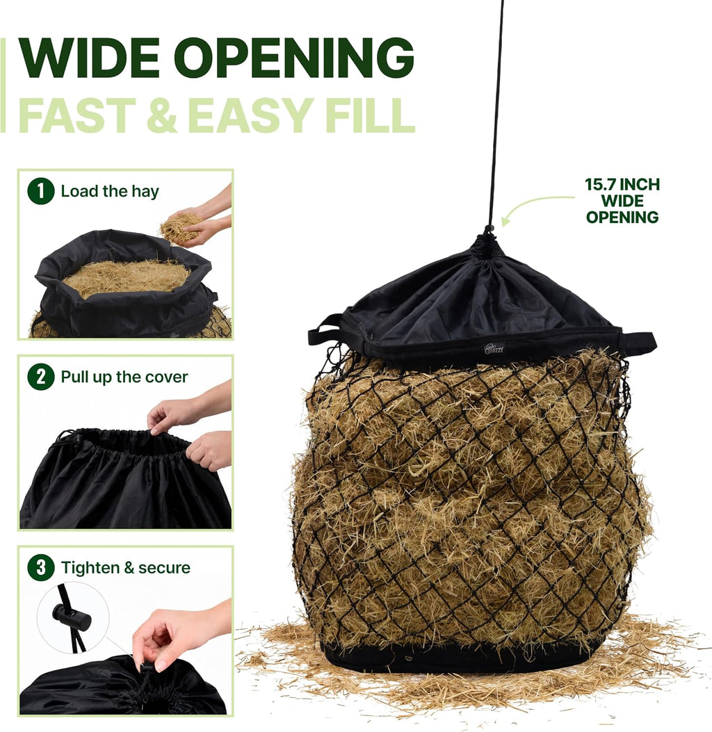 Slow Feed Hay Bag for Horses, Heavy Duty Hay Net for Horses Goats Sheep Donkey, Rigid Quick Fill Collar, 1.9 in Mesh