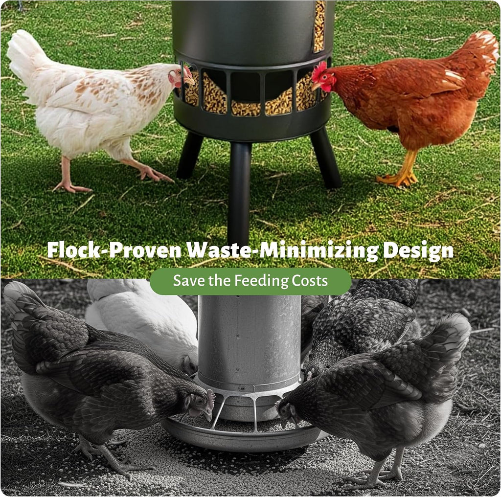 50LB Metal Chicken Feeder - Anti-Waste Design, 16 Ports, Black