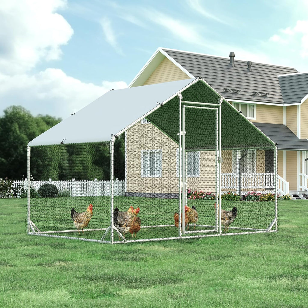 Metal Chicken Coop, 9.8x6.6 FT Walk-in Chicken Run Pen Poultry Cage, Water-Resistant & Anti-UV Cover, Large Chicken
