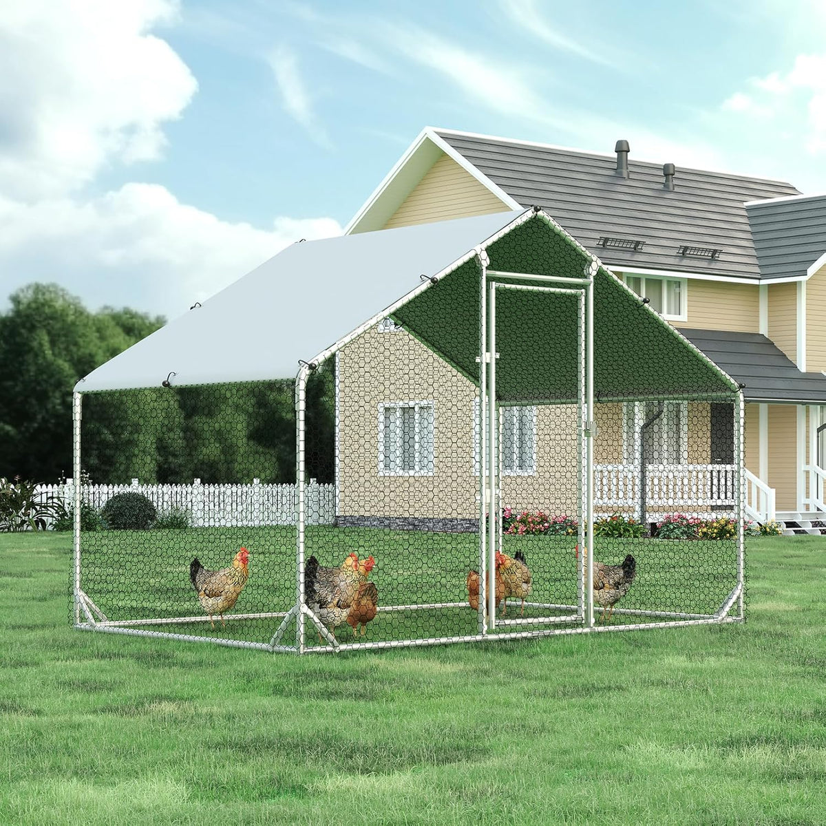 Metal Chicken Coop, 9.8x6.6 FT Walk-in Chicken Run Pen Poultry Cage, Water-Resistant & Anti-UV Cover, Large Chicken