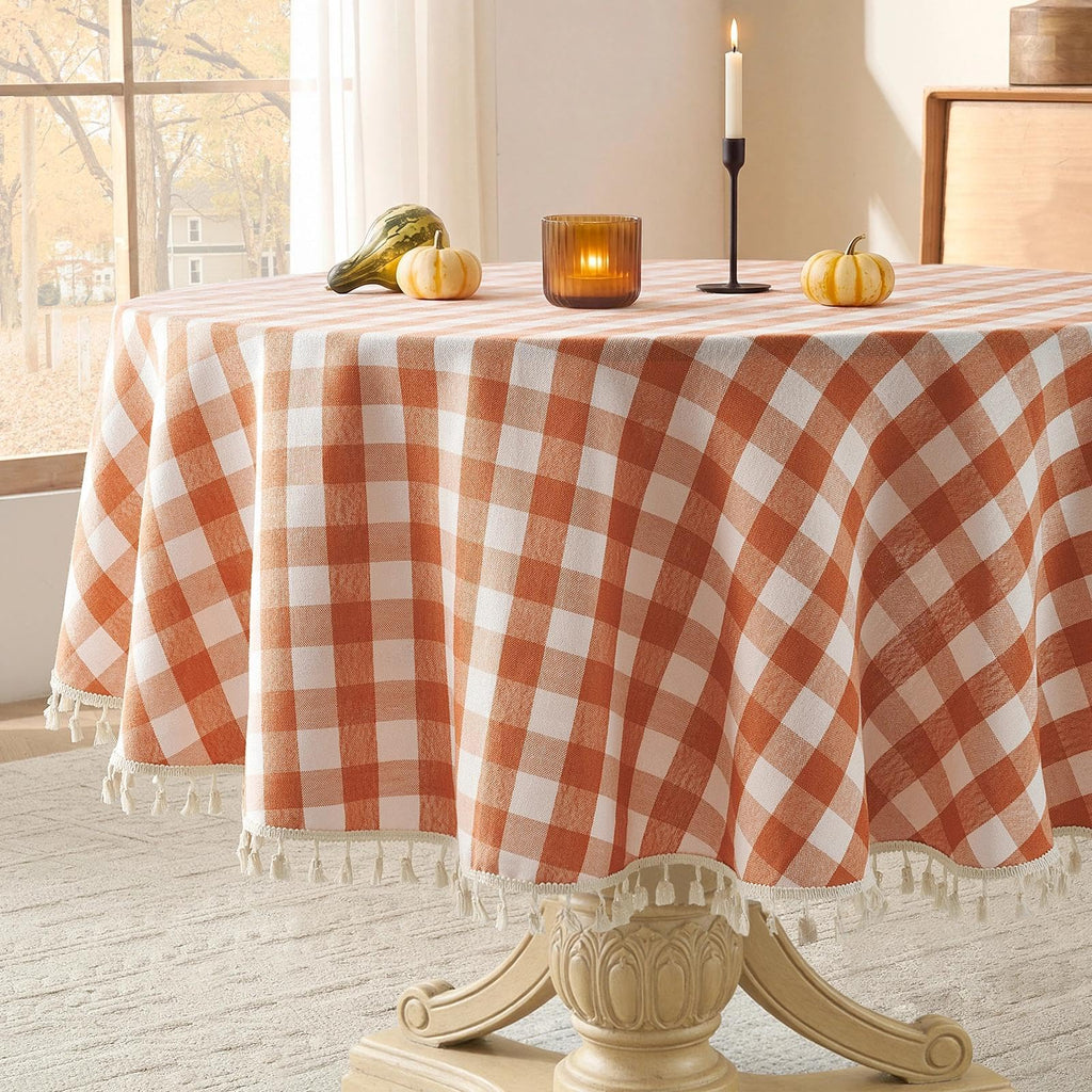 Fall Gingham Round Tablecloth with Tassel, Orange, 70" x 70"