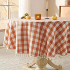 Fall Gingham Round Tablecloth with Tassel, Orange, 70" x 70"