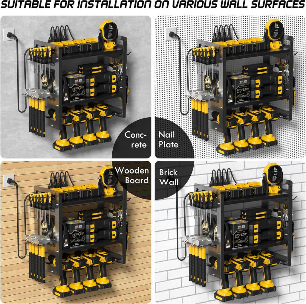 Power Tool Organizer Wall Mount with Charging Station, 3-Tier Heavy Duty Metal Tool Rack with 4 Drill Holders and 6FT
