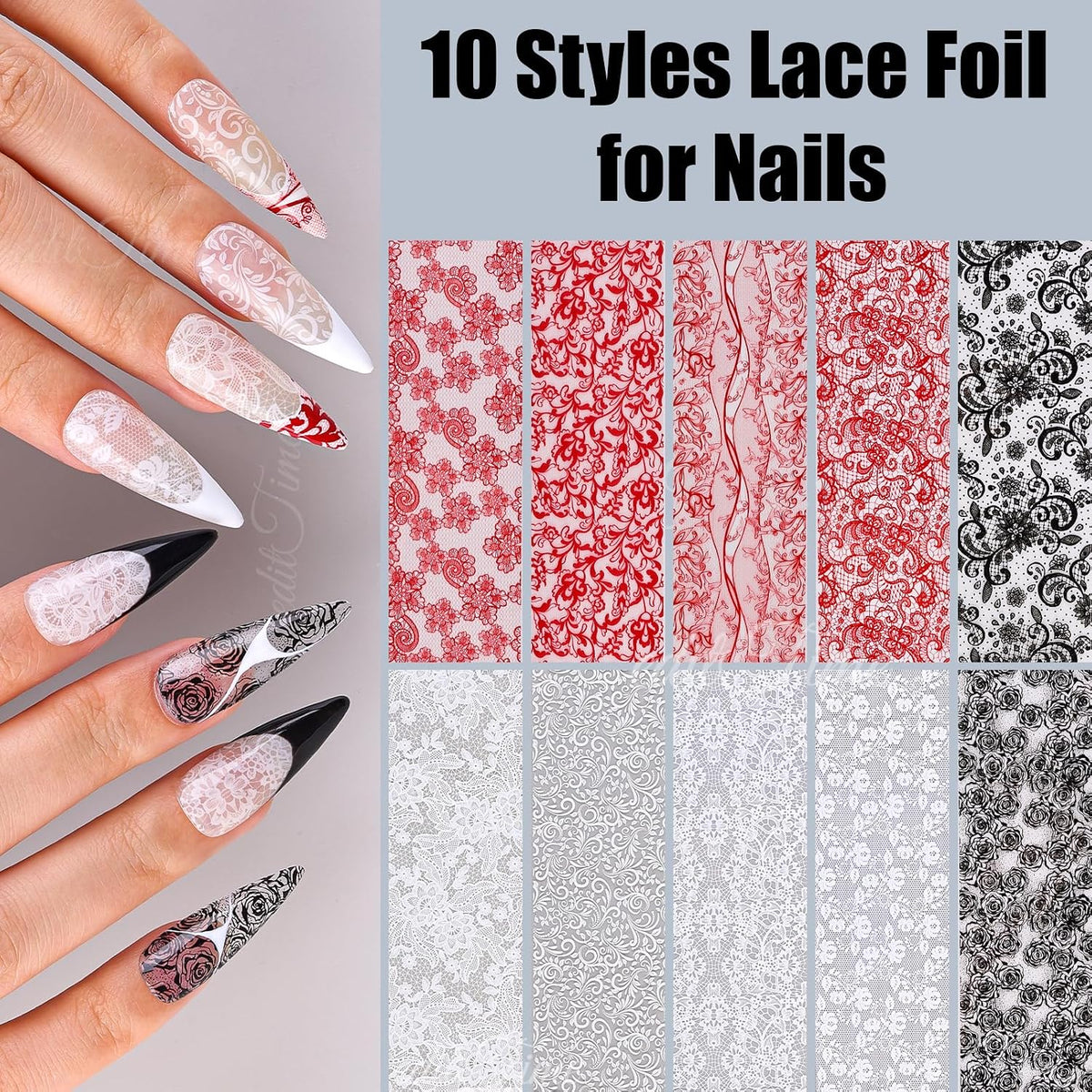 Lace Nail Foil Transfer Sheets, 10 Rolls Black White Red Flower Nail Art Transfer Foils Decals, Flower Nail Art Foils