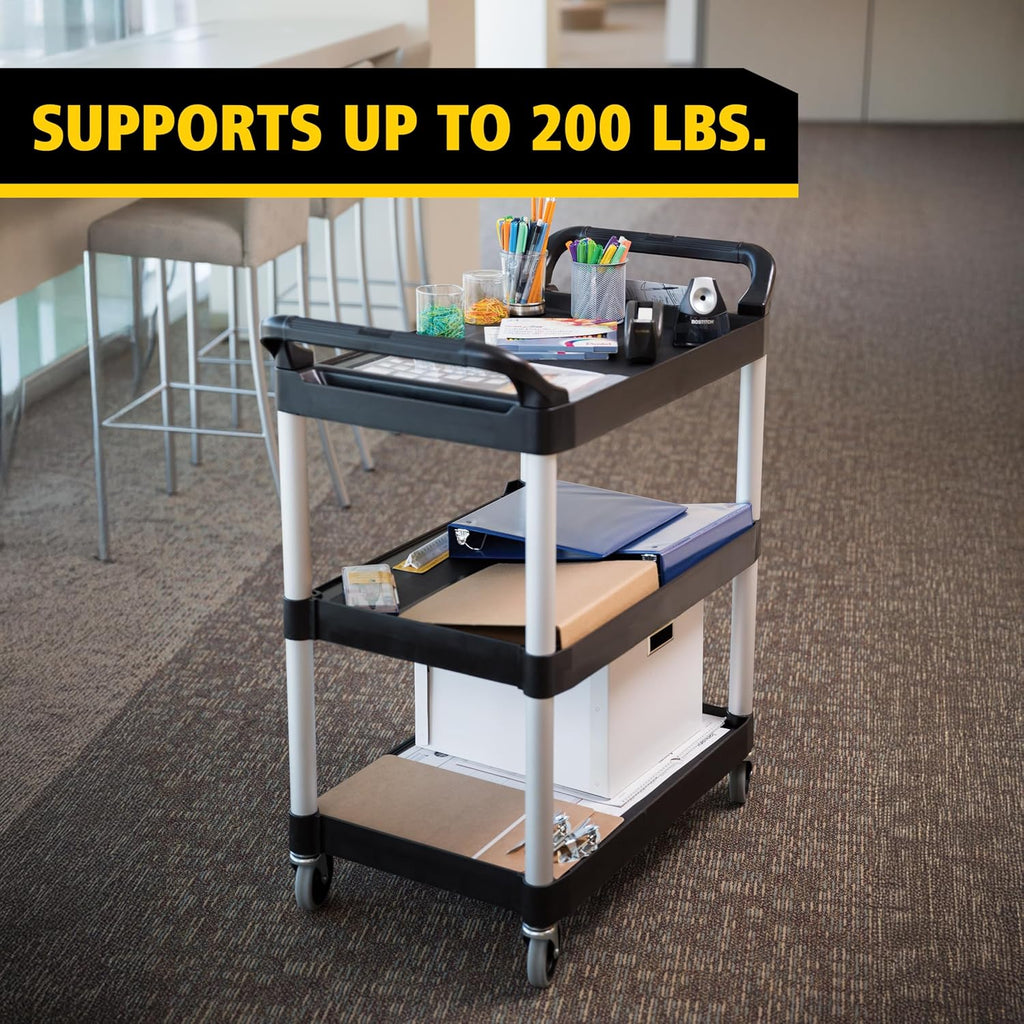 3-Shelf Service Push Cart, 200lb, Black