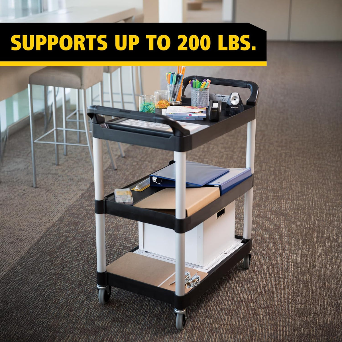 3-Shelf Service Push Cart, 200lb, Black