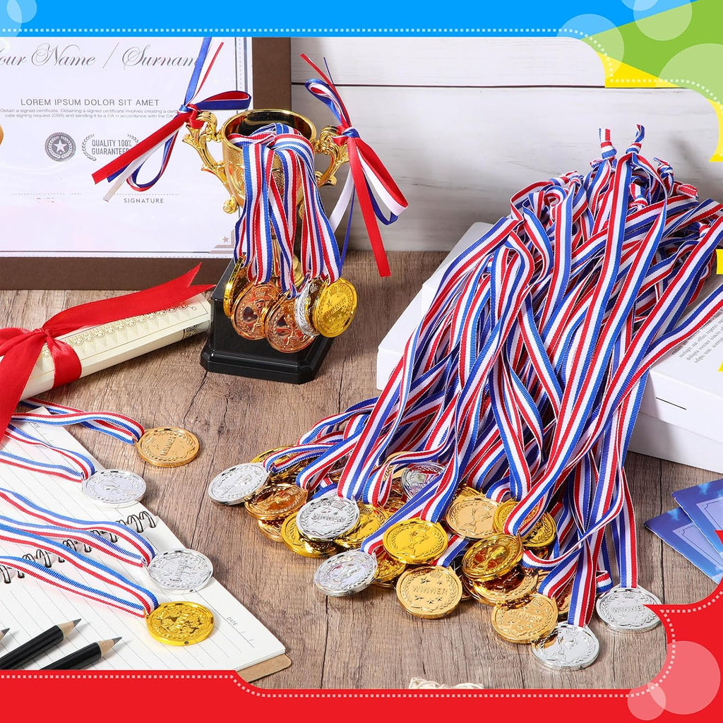 48 Pcs Gold Silver Bronze Plastic Medals for Kids Winner Award Medal Bulk 1st 2nd 3rd Place Prize Neck Ribbon for