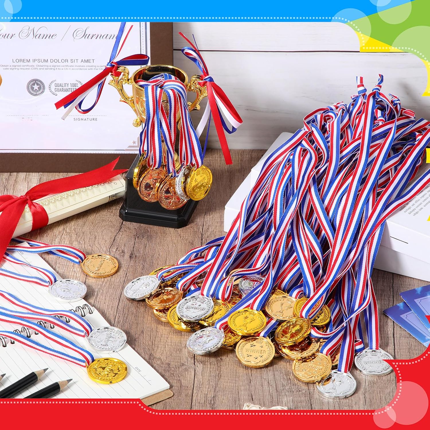 48 Pcs Gold Silver Bronze Plastic Medals for Kids Winner Award Medal Bulk 1st 2nd 3rd Place Prize Neck Ribbon for