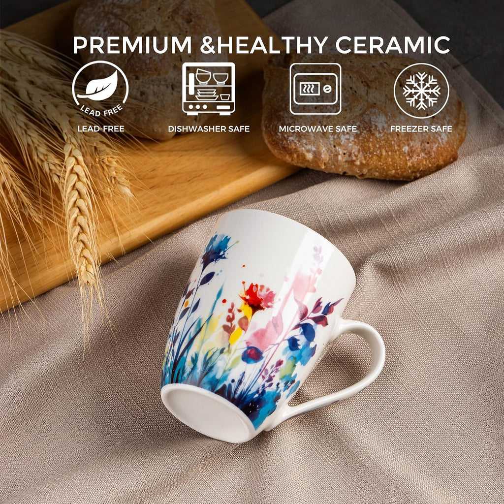 Floral Coffee Mugs Set of 6, 12 oz Ceramic Coffee Cups Set