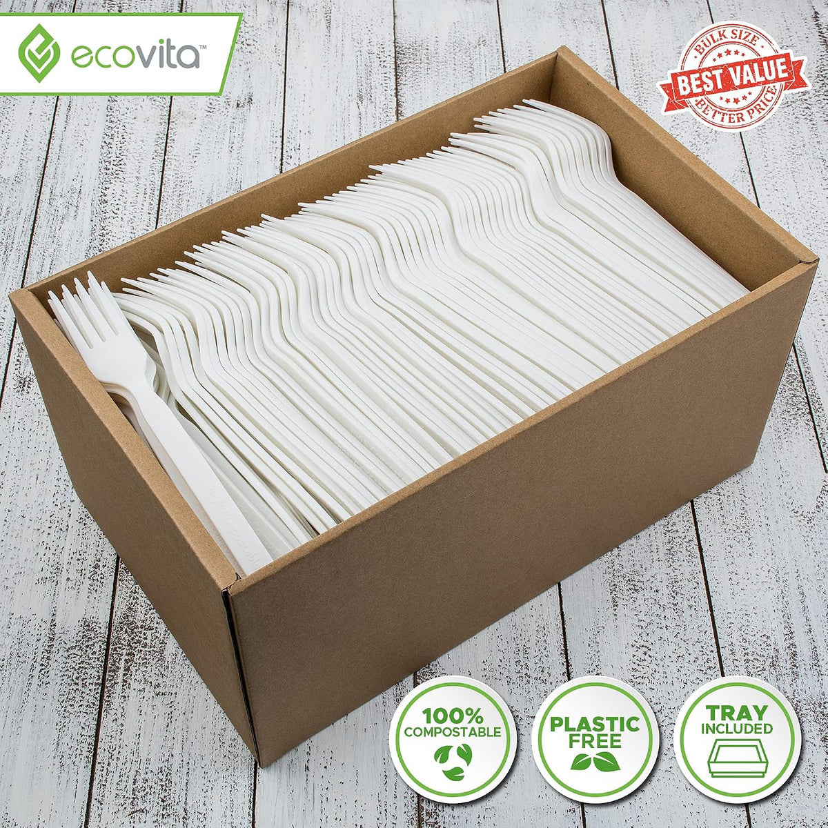 100% Compostable Forks - 500 Large Disposable Utensils (7 in.) Bulk Size Eco Friendly Durable and Heat Resistant