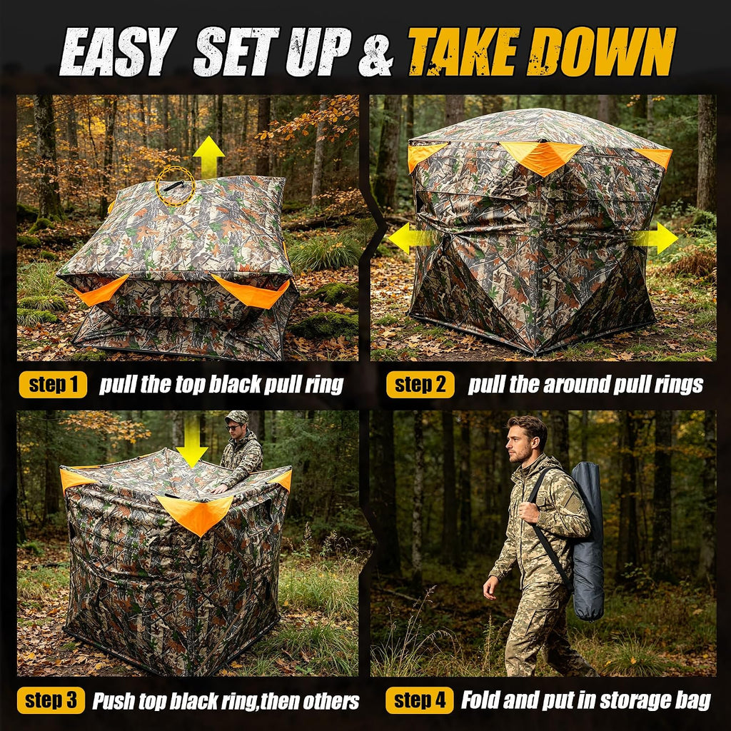 360 Degree Hunting Blind, 2-3 Person Pop Up Ground Blind | with Silent Slide Windows & Carrying Bag, Portable