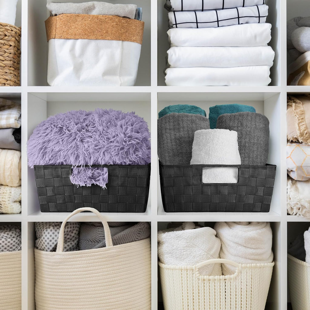Set of 3 Large Woven Storage Baskets – Mesh Hand-Woven Baskets for Organizing, Fabric Storage Bins for Linen Closet
