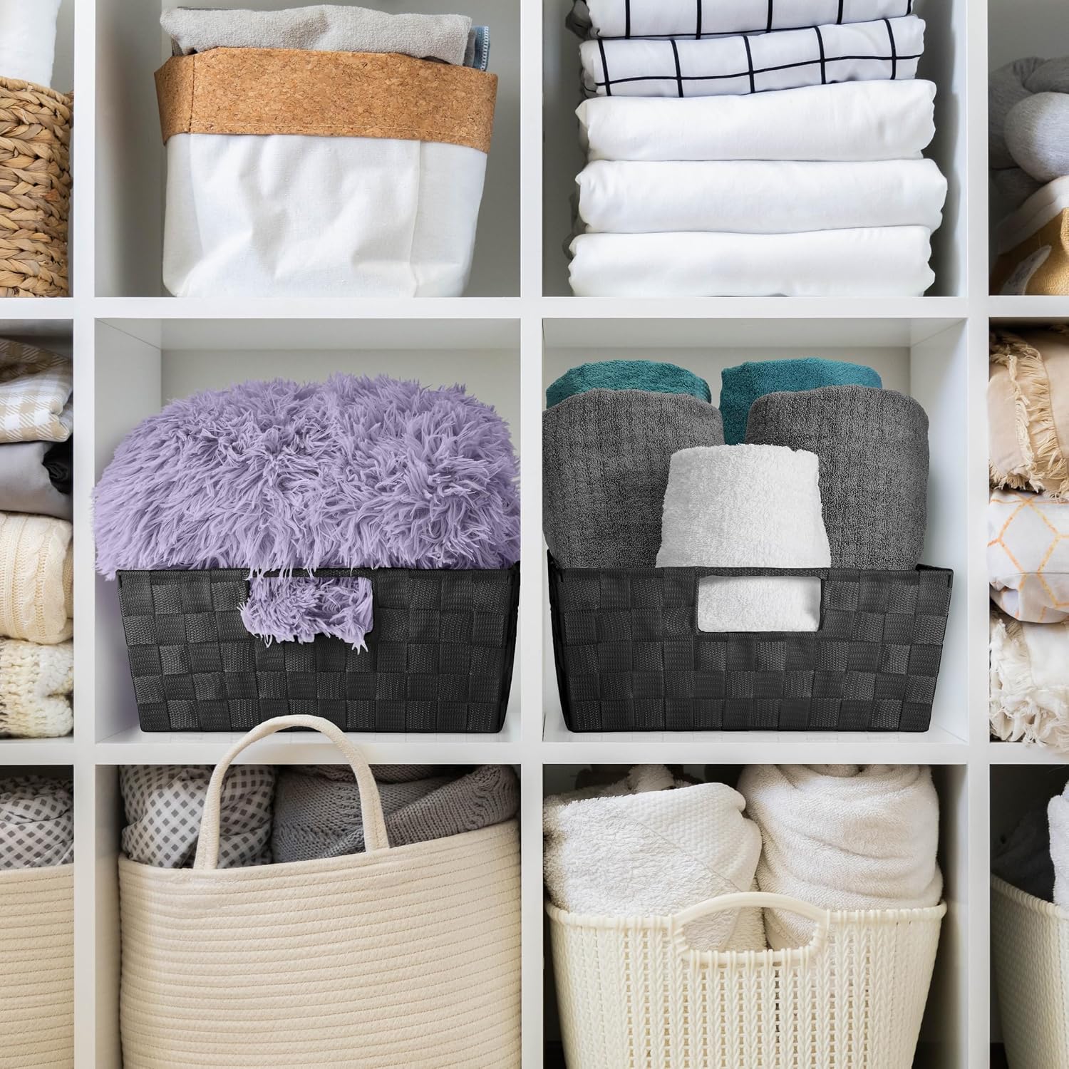 Set of 3 Large Woven Storage Baskets – Mesh Hand-Woven Baskets for Organizing, Fabric Storage Bins for Linen Closet