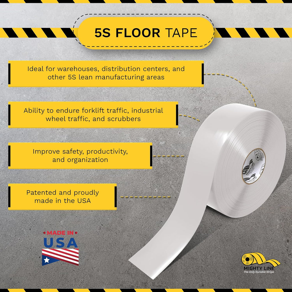 5S Floor Marking Tape, 3 in Wide, 100 ft Roll, White
