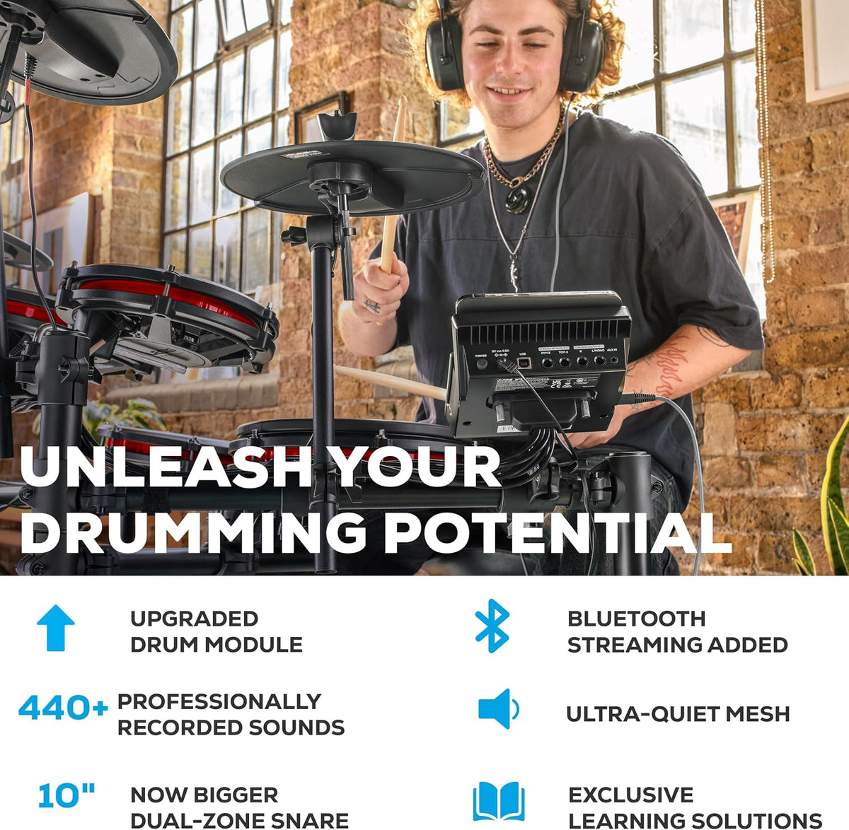 Nitro Max Electric Drum Set | 10" Dual-Zone Snare, 8" Toms, 10 "Cymbals, Quiet Mesh Heads, Bluetooth, 440+ BFD