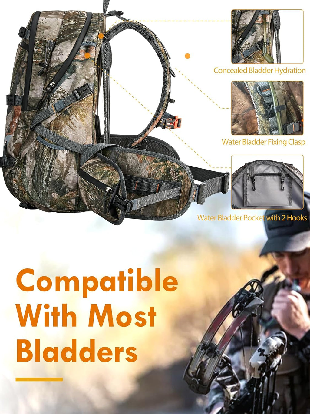 Hunting Backpacks for Men 35L, Camo Backpack for Hunting with Rifle Bow Gun Holder, Waterproof Hunting Pack with Rain