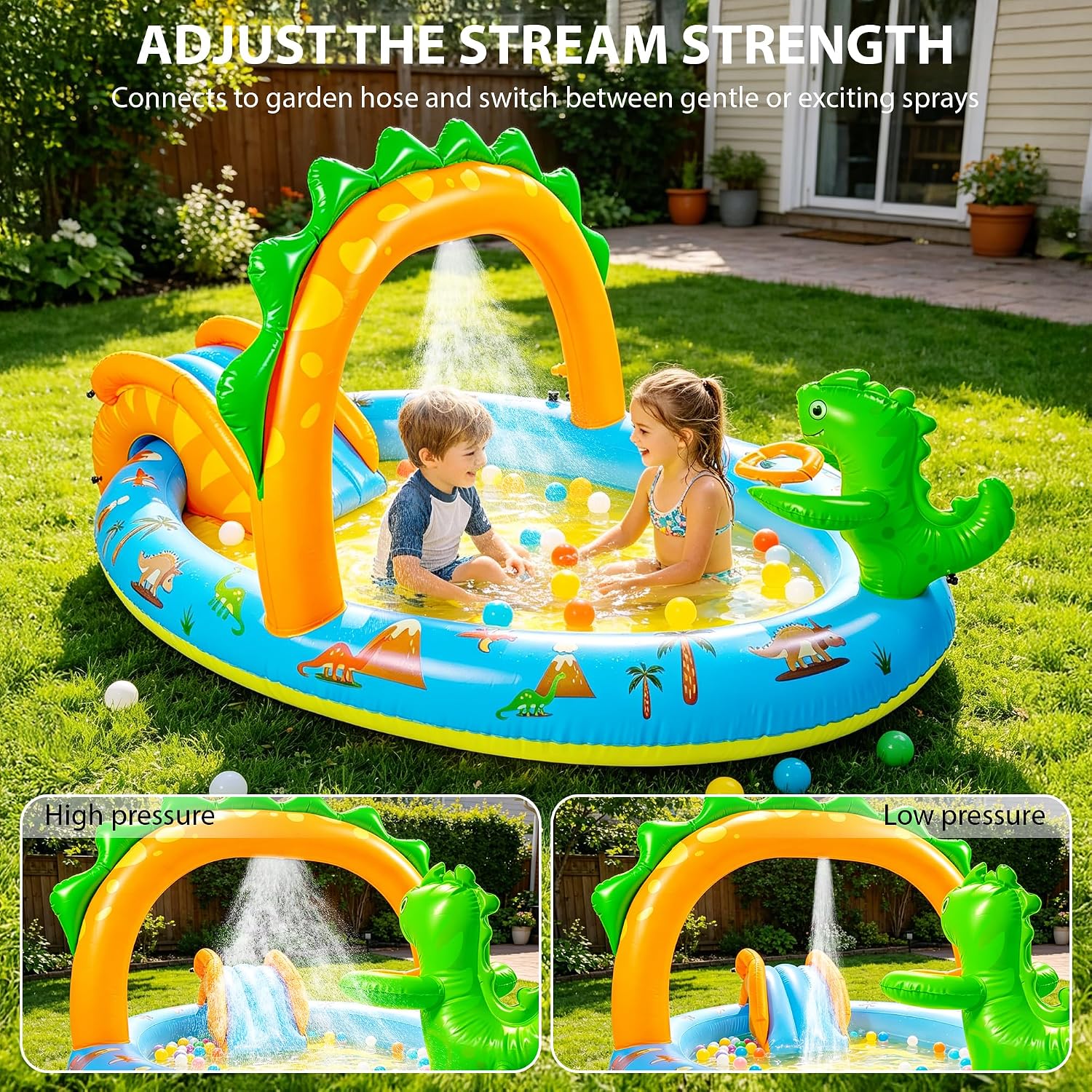 2026 Inflatable Dinosaur Play Center Kiddie Pool with Slide and Sprinkler for Children, Toddler Blow Up Splash Pad