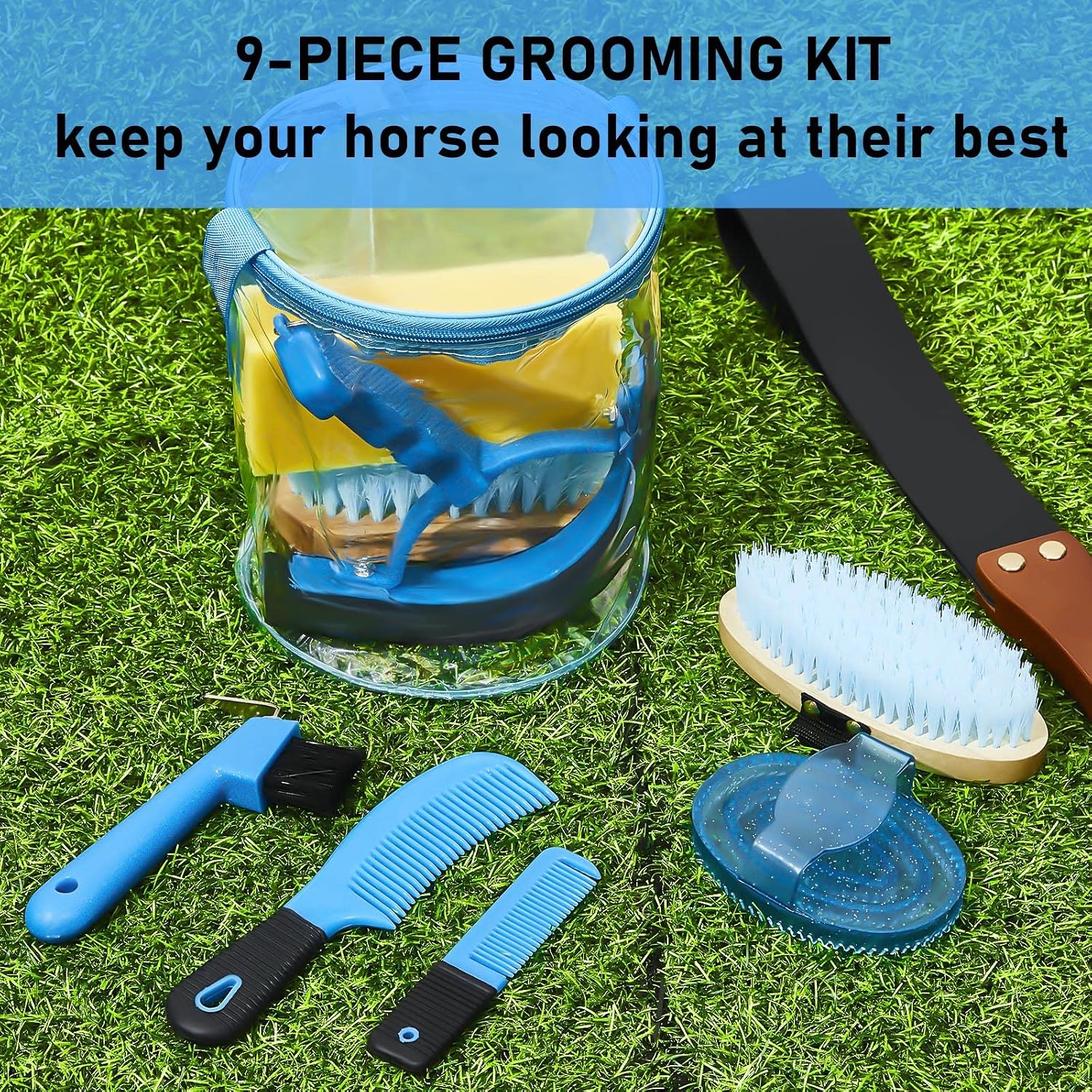 9 Pcs Horse Grooming Kit Tack Room Supplies, Cute, Blue