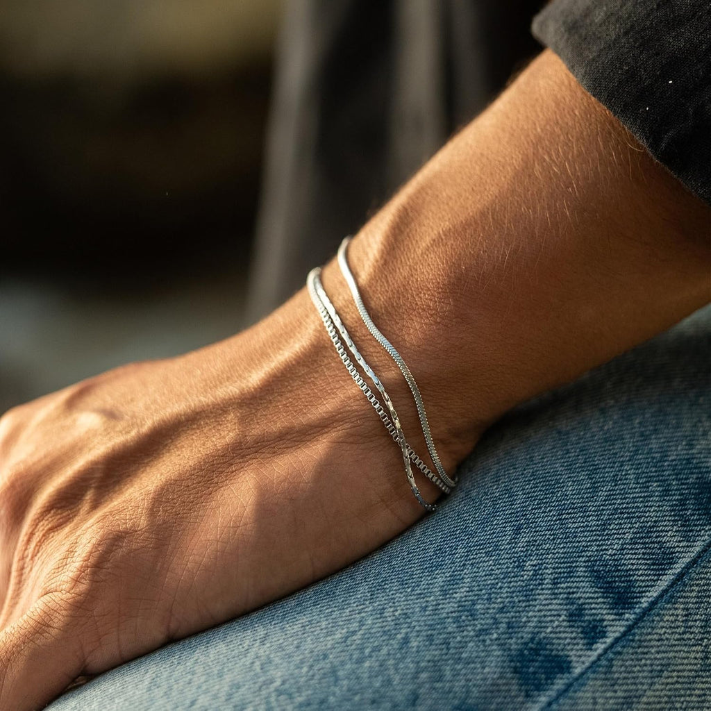 Mens Bracelet - Dainty Gold/Silver Chain Bracelet Stack 14K Gold Plated Silver Bracelets for Men Stainless Steel